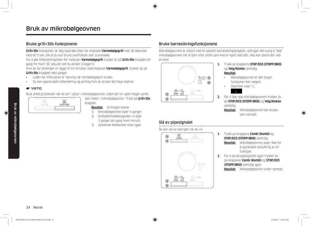 Samsung MG23K3585AW/EE manual Bruke grill+30s-funksjonene, Bruke barnesikringsfunksjonene, Slå av pipesignalet 
