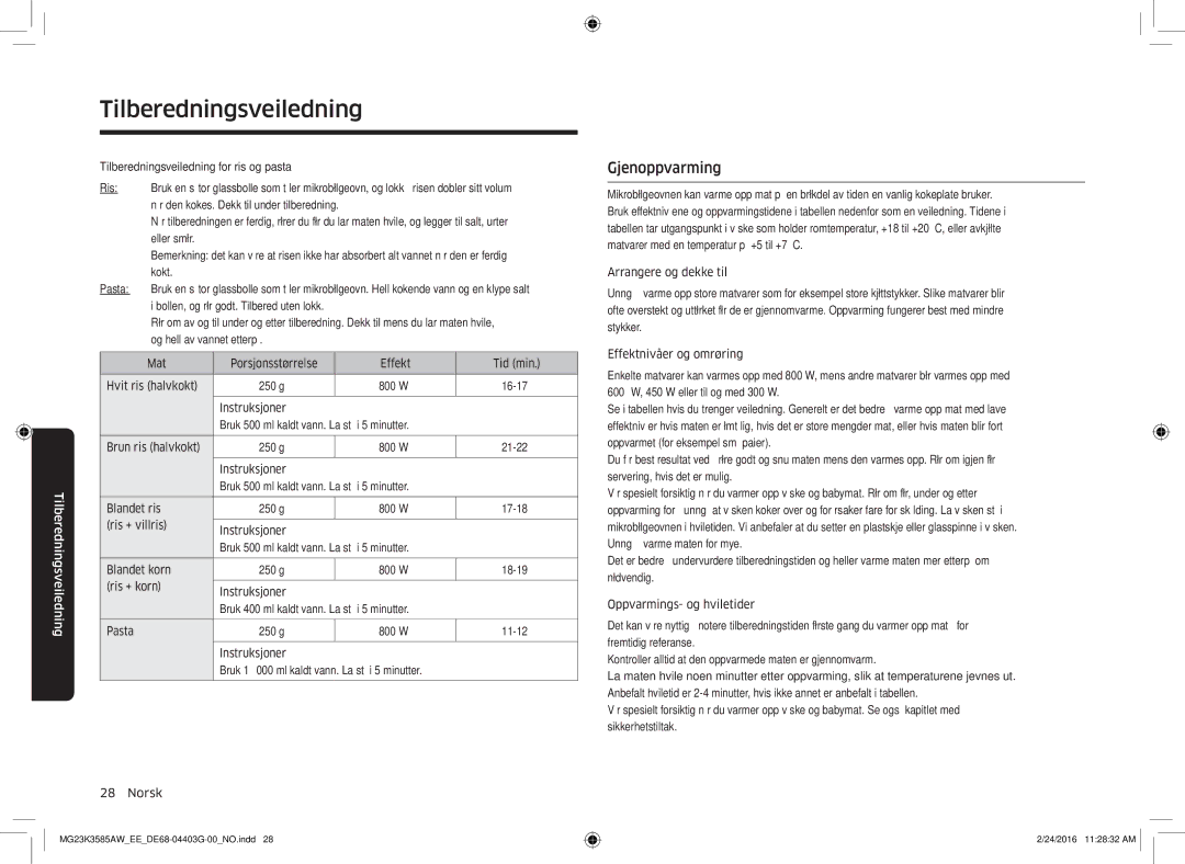 Samsung MG23K3585AW/EE manual Gjenoppvarming, Tilberedningsveiledning for ris og pasta 