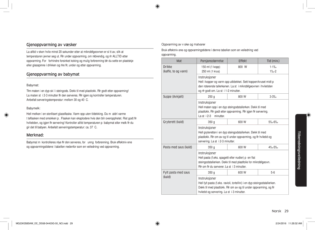 Samsung MG23K3585AW/EE manual Gjenoppvarming av væsker, Gjenoppvarming av babymat, Merknad 