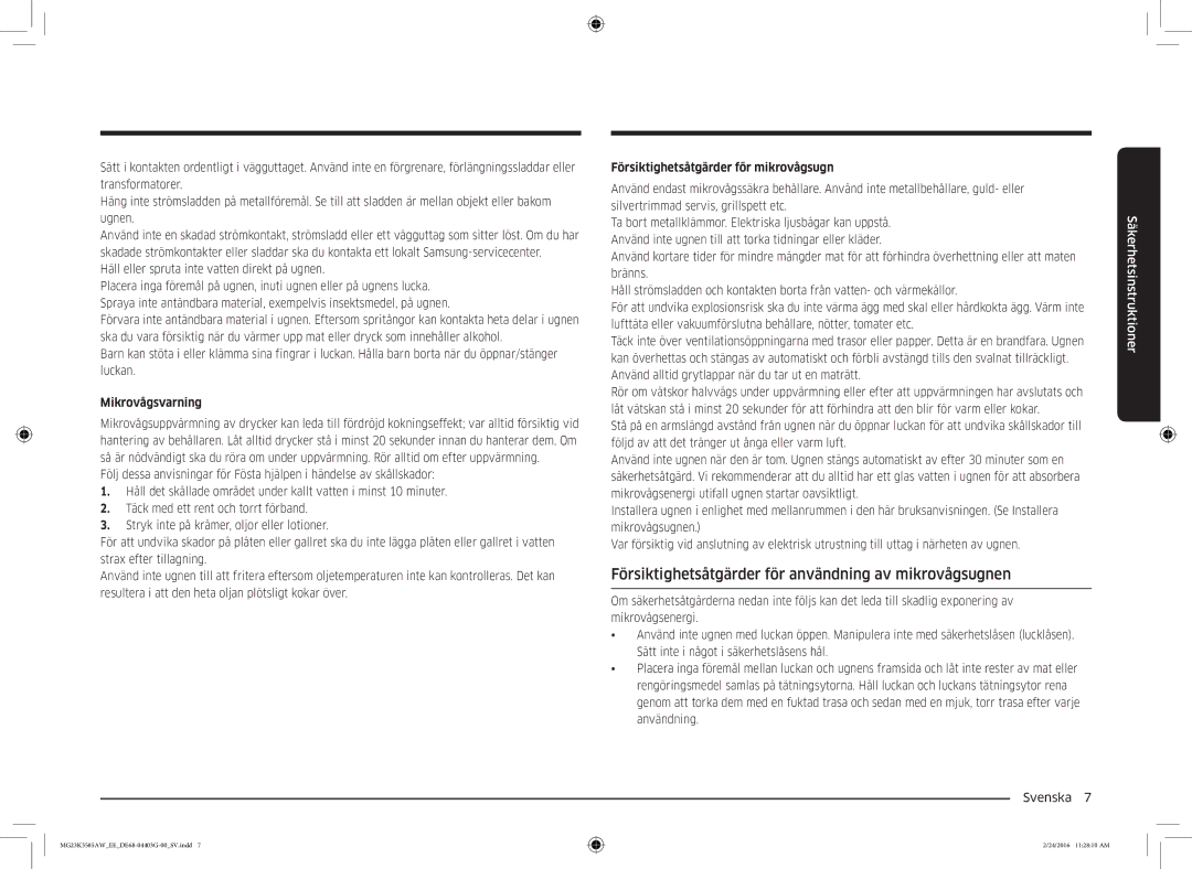 Samsung MG23K3585AW/EE manual Försiktighetsåtgärder för användning av mikrovågsugnen, Mikrovågsvarning 