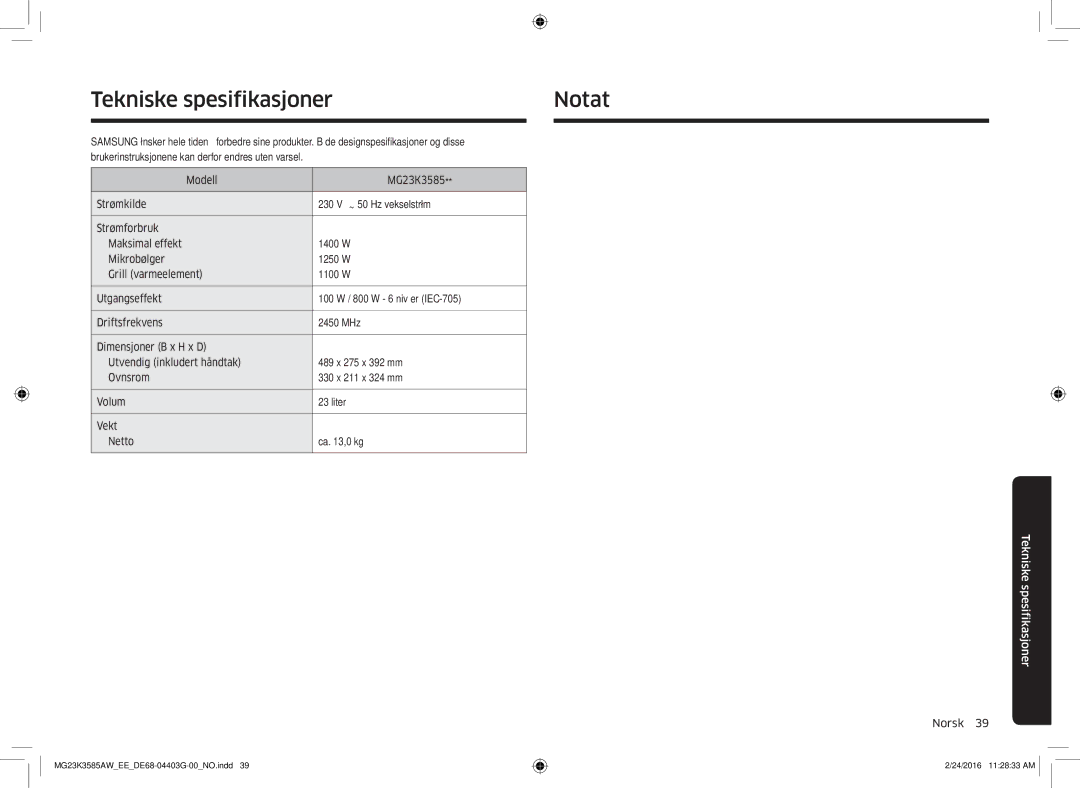 Samsung MG23K3585AW/EE manual Tekniske spesifikasjoner Notat 