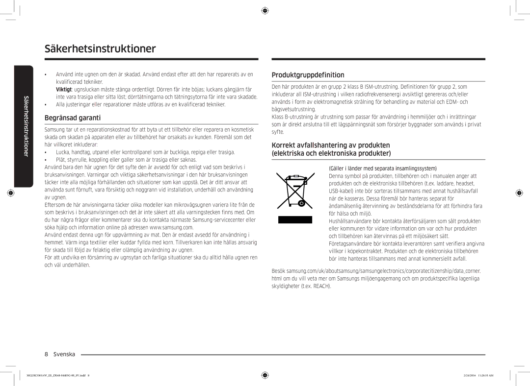 Samsung MG23K3585AW/EE manual Begränsad garanti, Produktgruppdefinition 