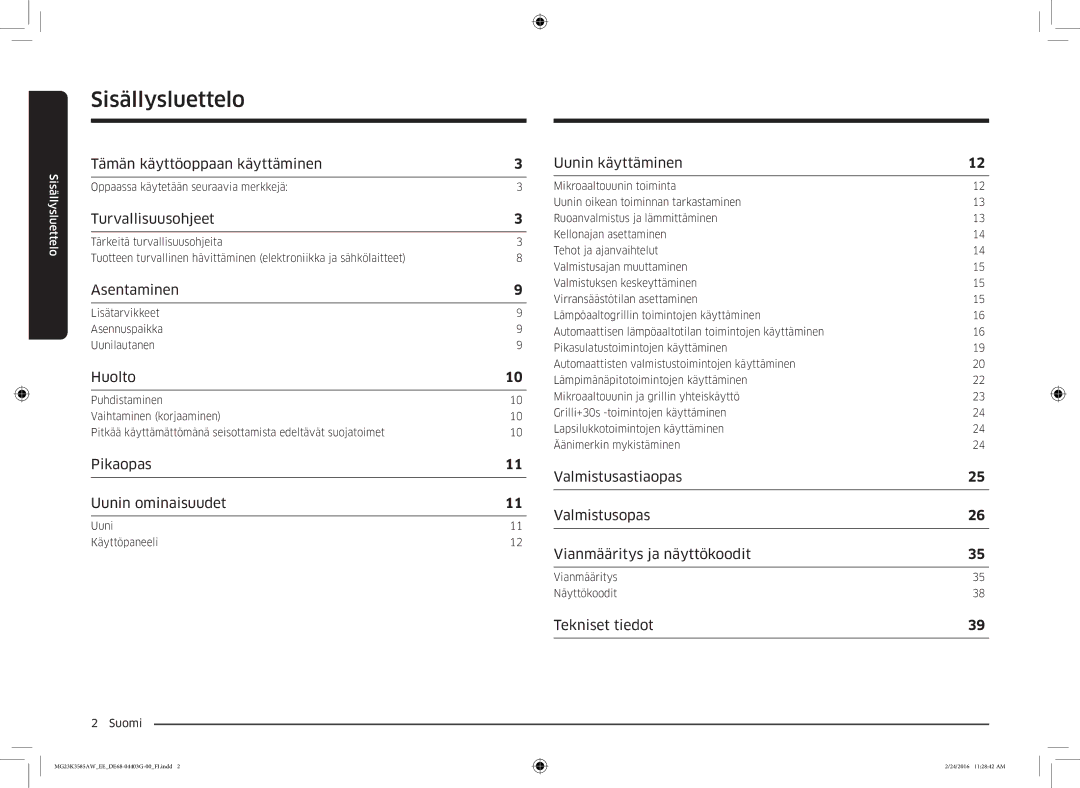 Samsung MG23K3585AW/EE manual Sisällysluettelo 