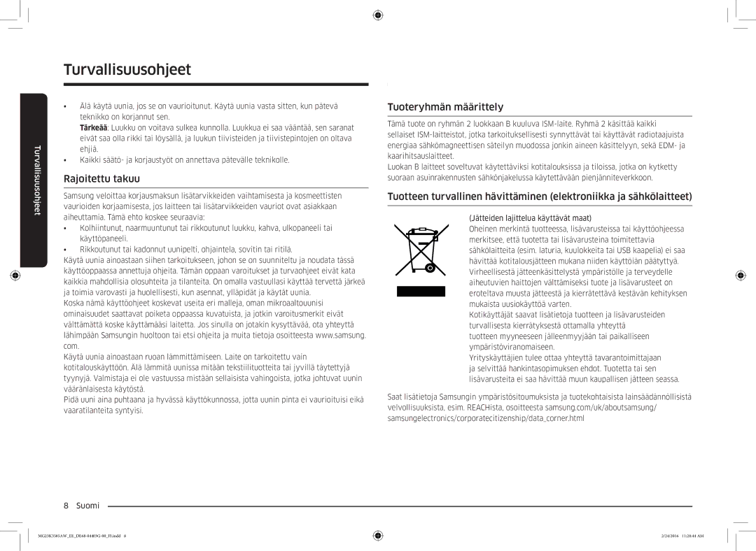 Samsung MG23K3585AW/EE manual Rajoitettu takuu, Tuoteryhmän määrittely 