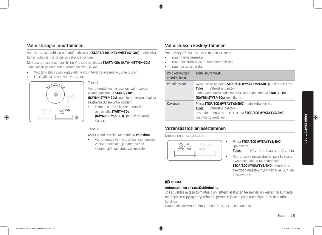 Samsung MG23K3585AW/EE manual Valmistusajan muuttaminen, Valmistuksen keskeyttäminen, Virransäästötilan asettaminen 