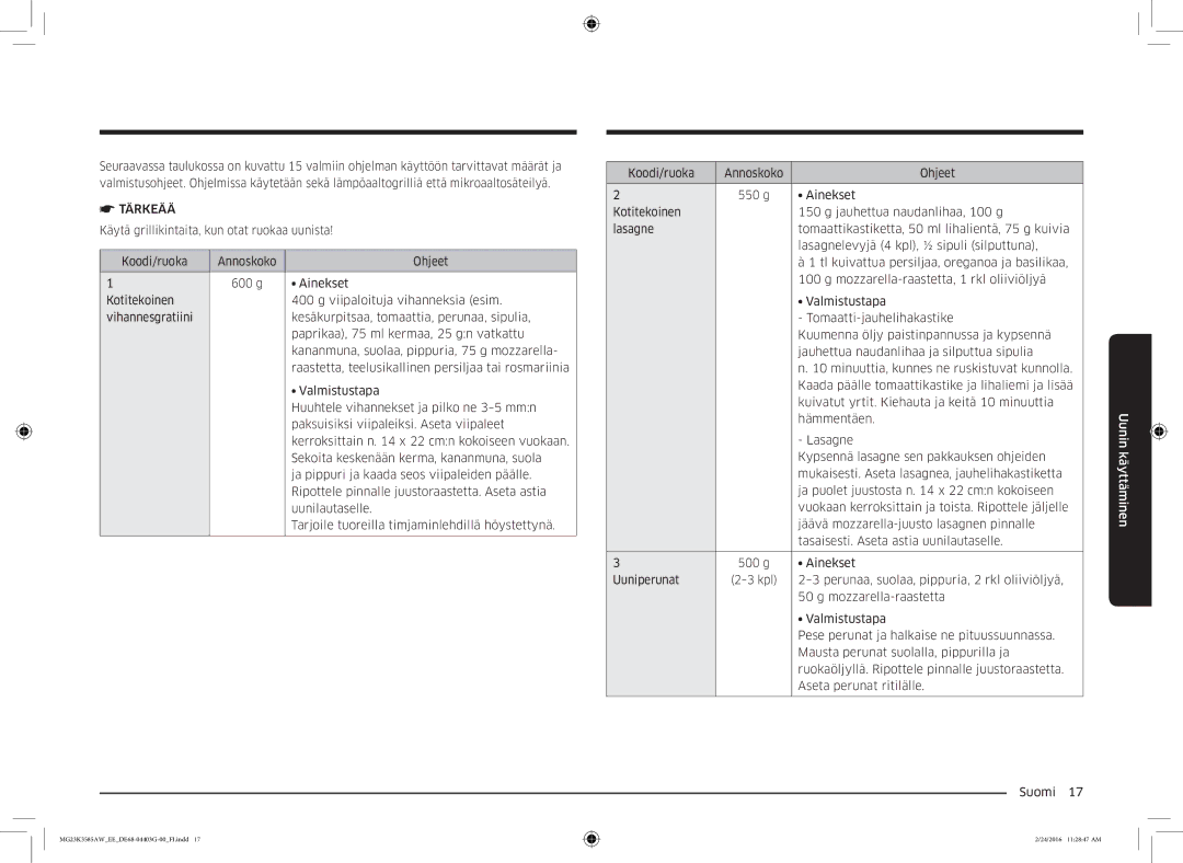 Samsung MG23K3585AW/EE manual Tärkeää 