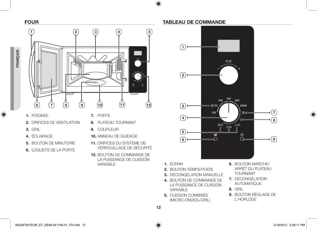 Samsung MG28F301ECW/EF manual Four Tableau de commande 