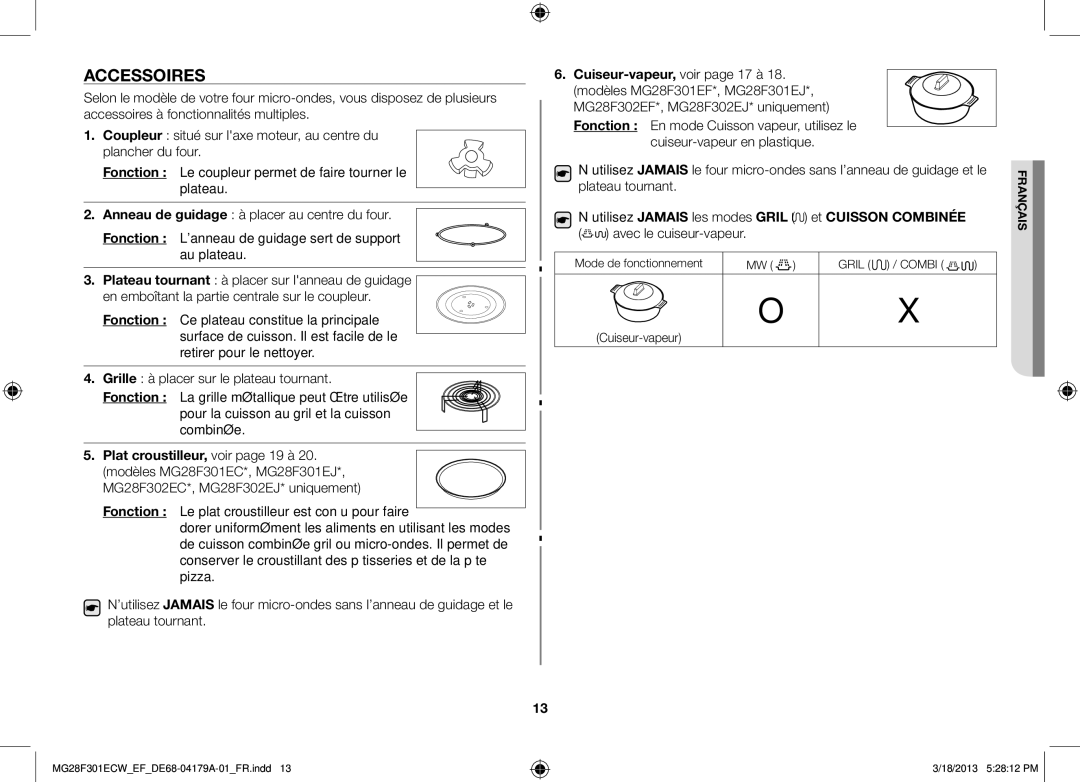 Samsung MG28F301ECW/EF manual Accessoires, Plat croustilleur, voir page 19 à, Mode de fonctionnement Gril / Combi 