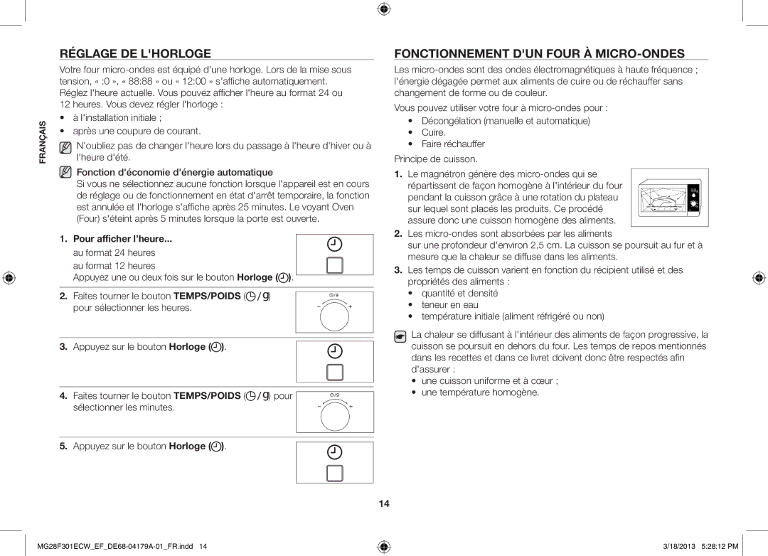 Samsung MG28F301ECW/EF manual Réglage de lhorloge, Fonctionnement dun four à micro-ondes, Pour afficher l’heure 