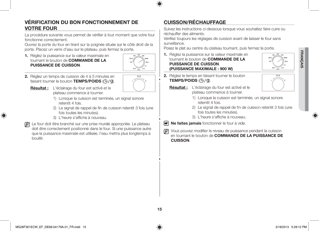 Samsung MG28F301ECW/EF manual Vérification du bon fonctionnement de votre four, Cuisson/Réchauffage 