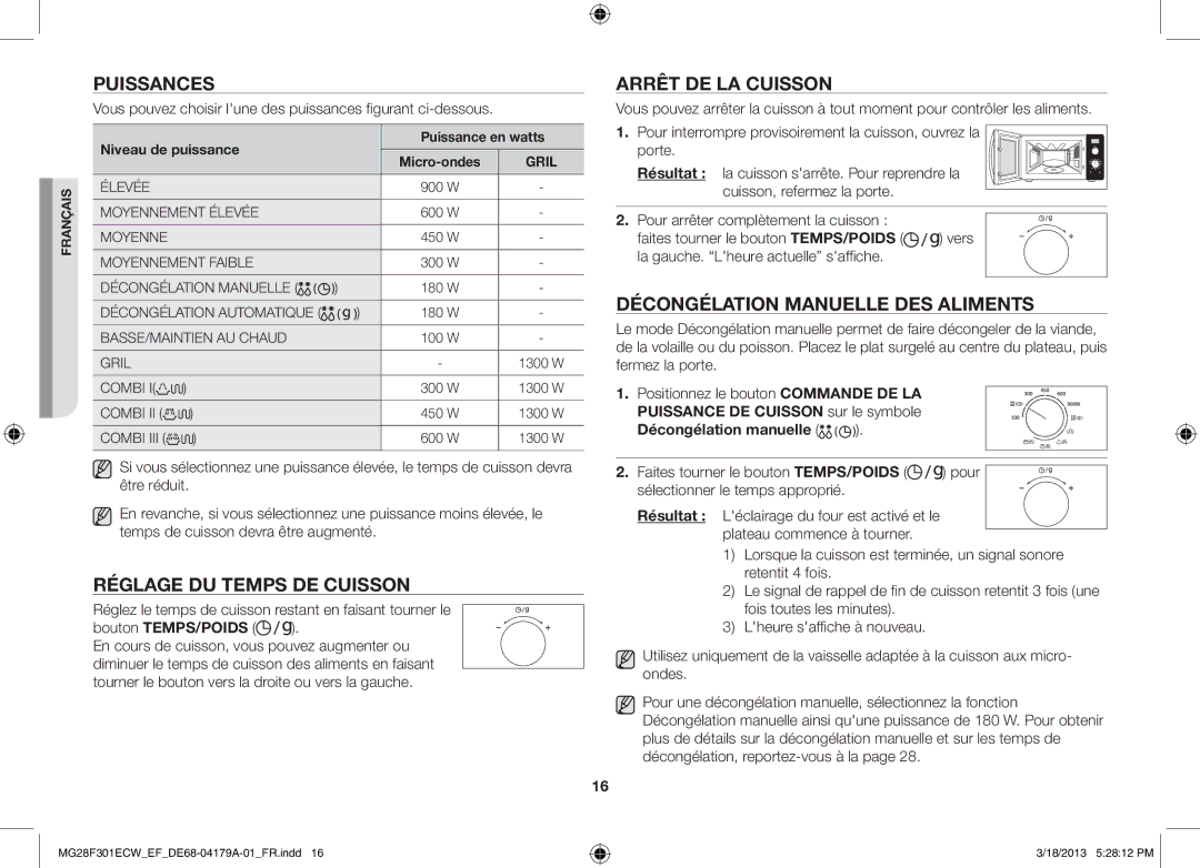 Samsung MG28F301ECW/EF Puissances, Réglage du temps de cuisson, Arrêt de la cuisson, Décongélation manuelle des aliments 