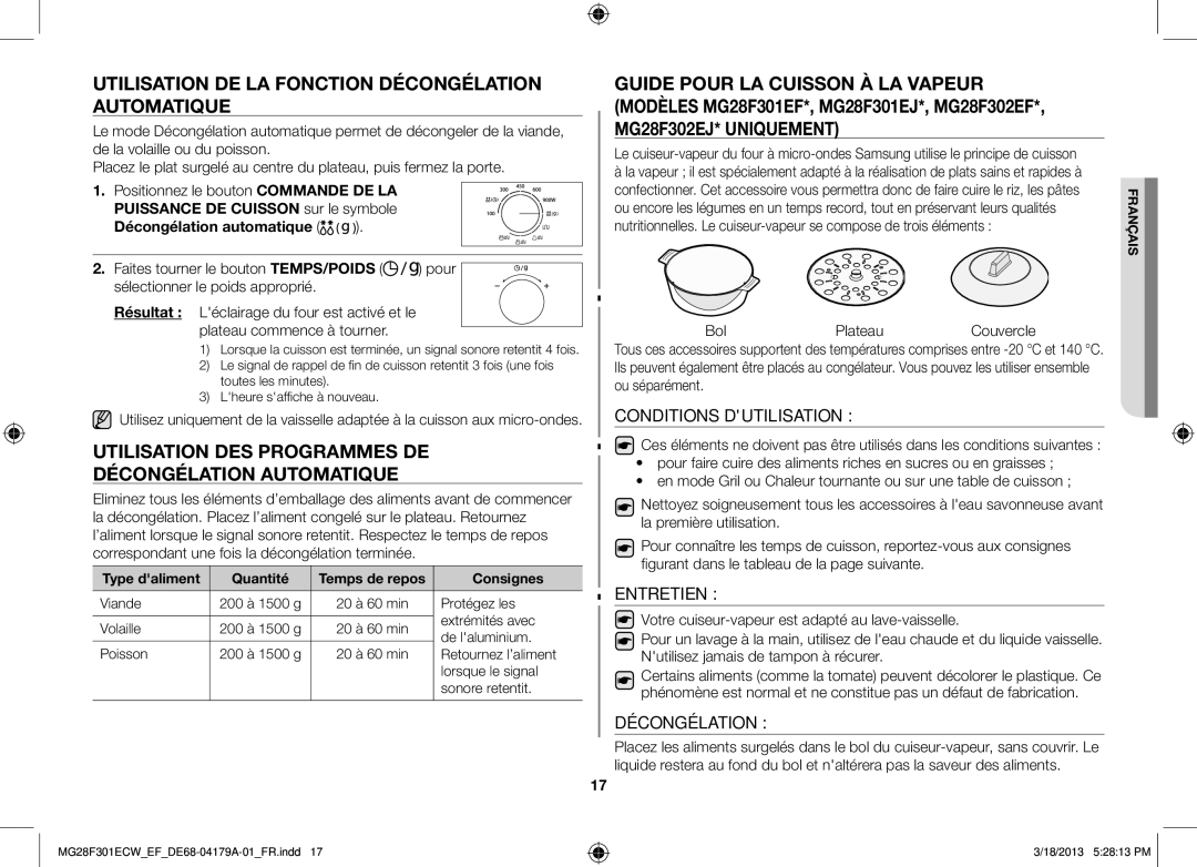 Samsung MG28F301ECW/EF manual Utilisation de la fonction décongélation automatique, Conditions Dutilisation, Entretien 