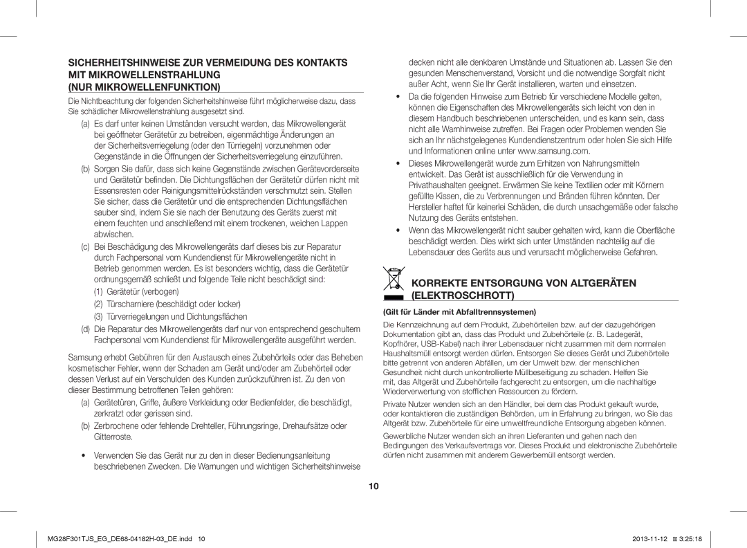 Samsung MG28F301TJS/EG manual Korrekte Entsorgung VON Altgeräten Elektroschrott, Gitterroste 