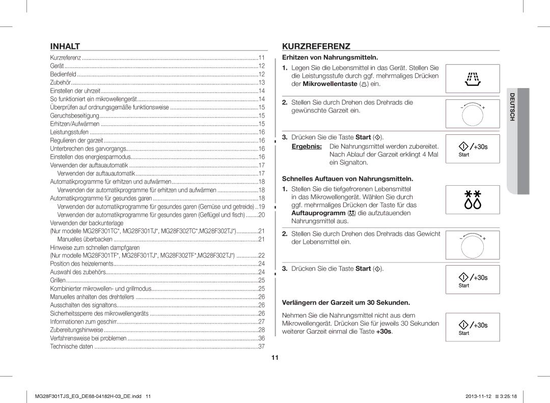 Samsung MG28F301TJS/EG manual Inhalt, Kurzreferenz, Erhitzen von Nahrungsmitteln, Schnelles Auftauen von Nahrungsmitteln 