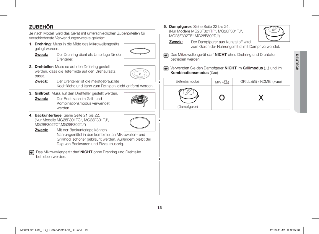 Samsung MG28F301TJS/EG manual Zubehör, Zweck, Grillrost Muss auf den Drehteller gestellt werden, Betriebsmodus, Dampfgarer 