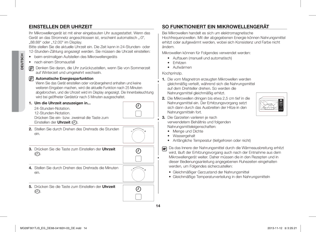 Samsung MG28F301TJS/EG Einstellen DER Uhrzeit, SO Funktioniert EIN Mikrowellengerät, Automatische Energiesparfunktion 