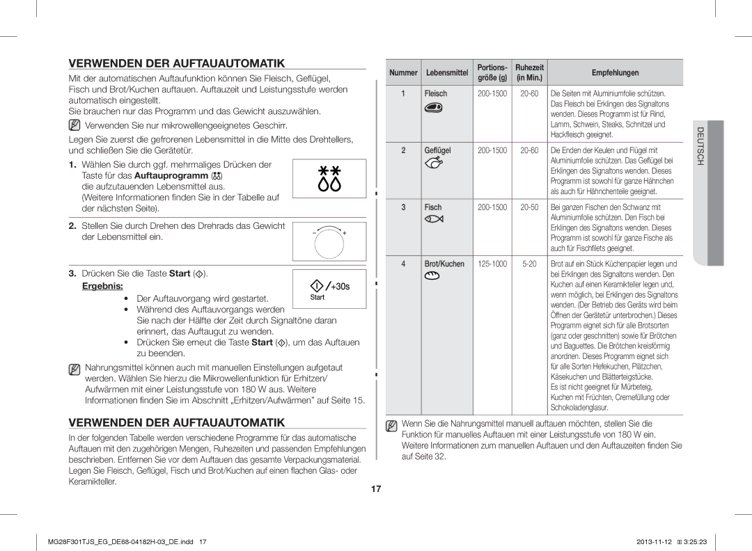 Samsung MG28F301TJS/EG manual Verwenden DER Auftauautomatik, Ergebnis, Empfehlungen 