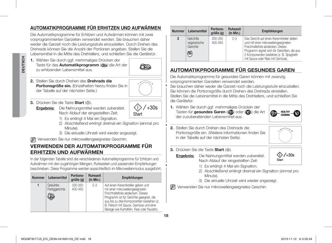 Samsung MG28F301TJS/EG Verwenden DER Automatikprogramme FÜR Erhitzen UND Aufwärmen, Automatikprogramme FÜR Gesundes Garen 