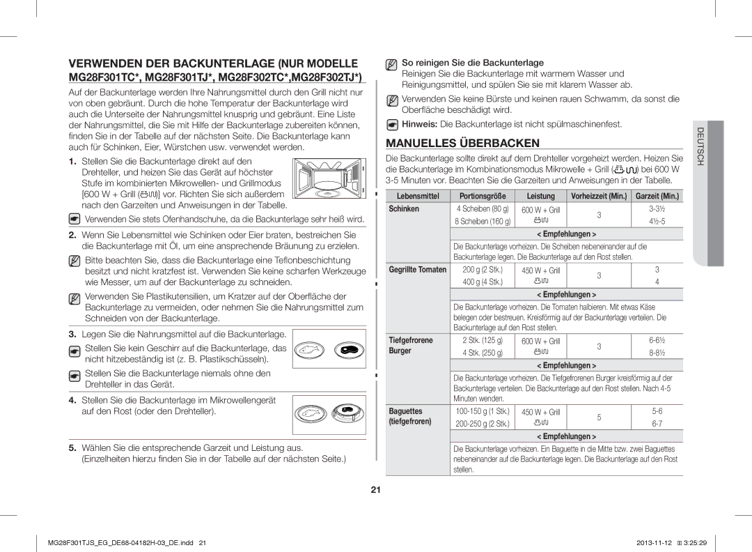 Samsung MG28F301TJS/EG manual Manuelles Überbacken, So reinigen Sie die Backunterlage 