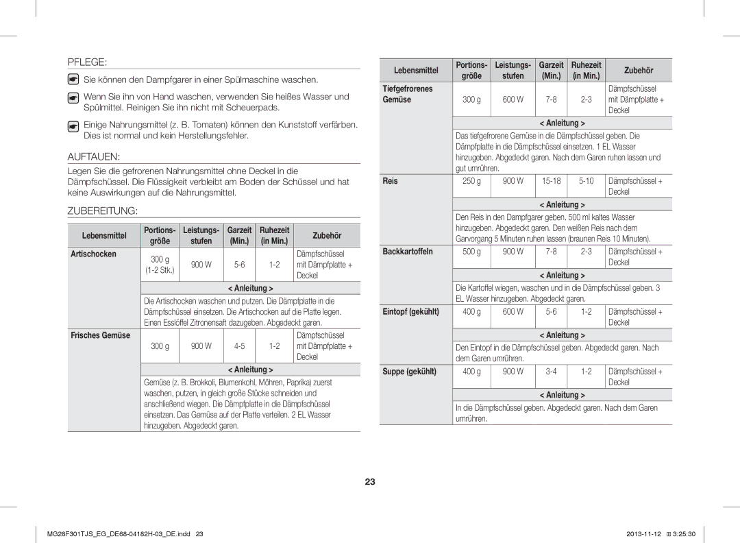 Samsung MG28F301TJS/EG manual Pflege, Auftauen, Zubereitung 