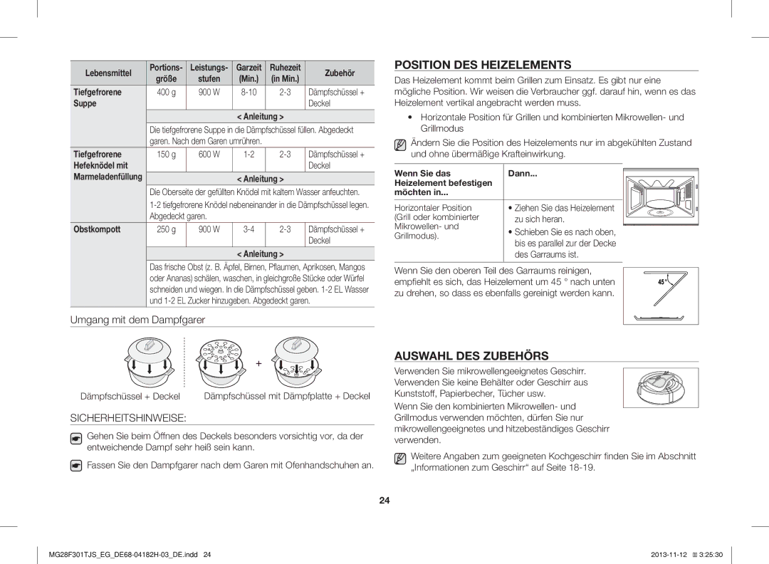 Samsung MG28F301TJS/EG manual Position DES Heizelements, Auswahl DES Zubehörs, Sicherheitshinweise 