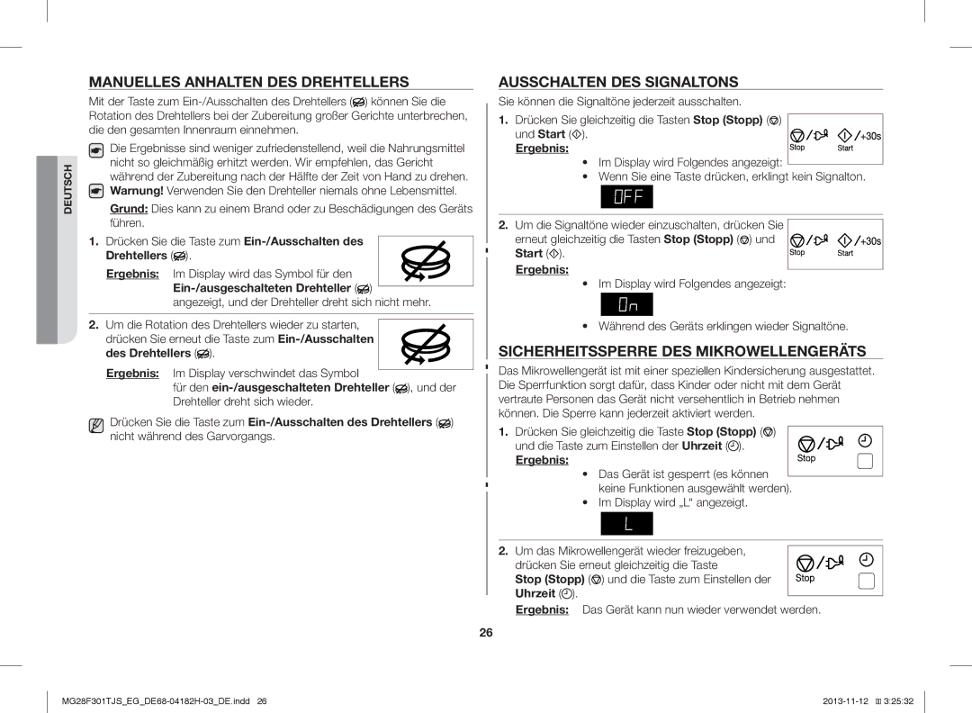 Samsung MG28F301TJS/EG manual Manuelles Anhalten DES Drehtellers, Ausschalten DES Signaltons, Uhrzeit 