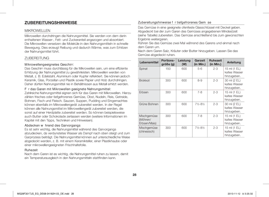 Samsung MG28F301TJS/EG manual Zubereitungshinweise, Mikrowellen 