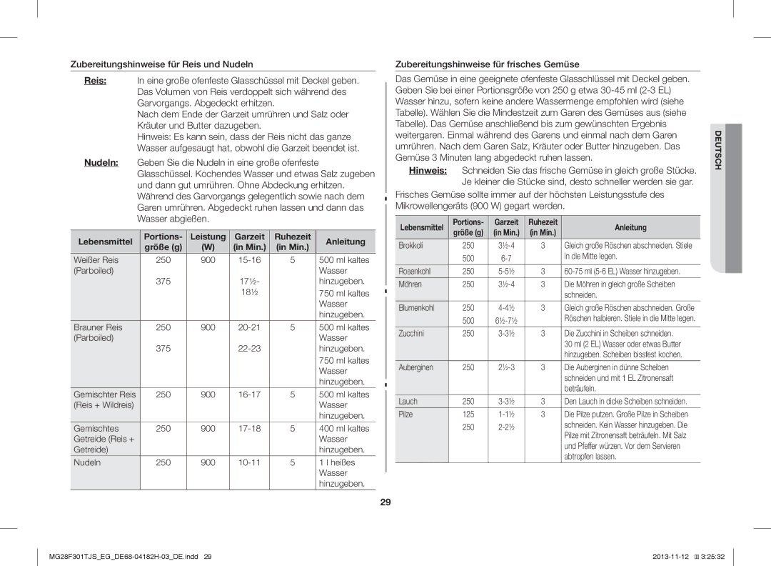 Samsung MG28F301TJS/EG manual Zubereitungshinweise für frisches Gemüse 