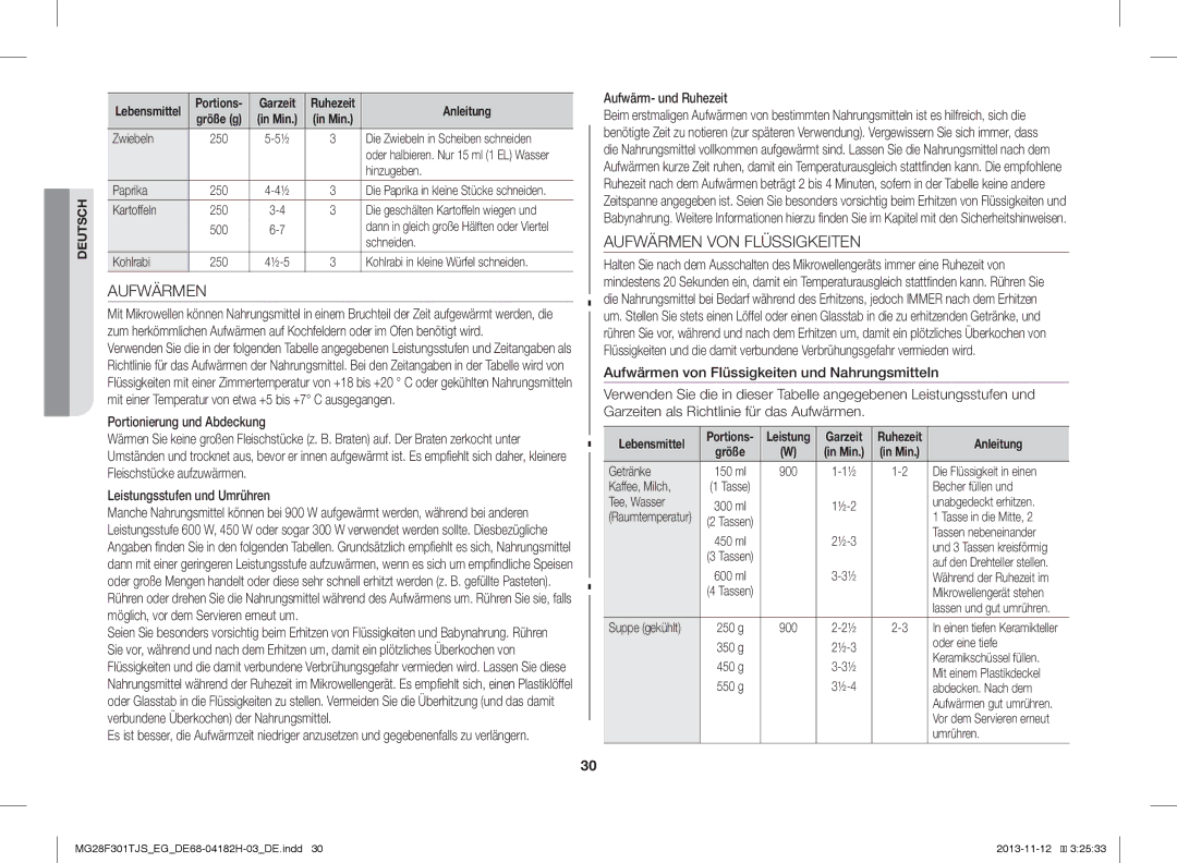 Samsung MG28F301TJS/EG manual Aufwärmen VON Flüssigkeiten, Portionierung und Abdeckung, Leistungsstufen und Umrühren 