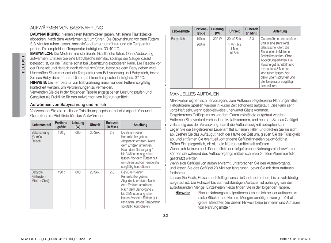 Samsung MG28F301TJS/EG manual Aufwärmen VON Babynahrung, Manuelles Auftauen, Uhrzeit 