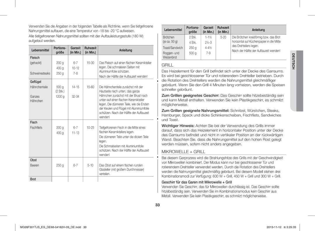 Samsung MG28F301TJS/EG manual Geschirr für das Garen mit Mikrowelle + Grill 