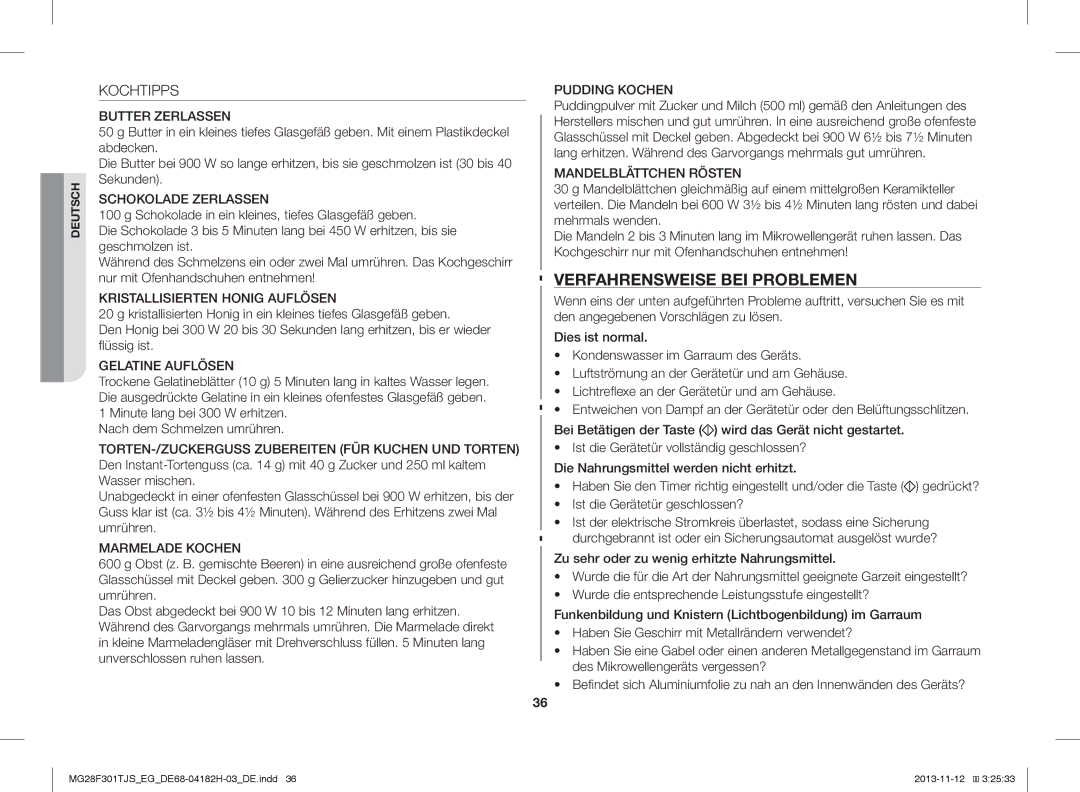 Samsung MG28F301TJS/EG manual Verfahrensweise BEI Problemen, Kochtipps 