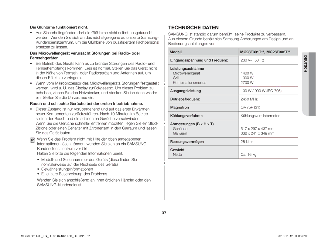 Samsung MG28F301TJS/EG manual Technische Daten, Modell MG28F301T**, MG28F302T 