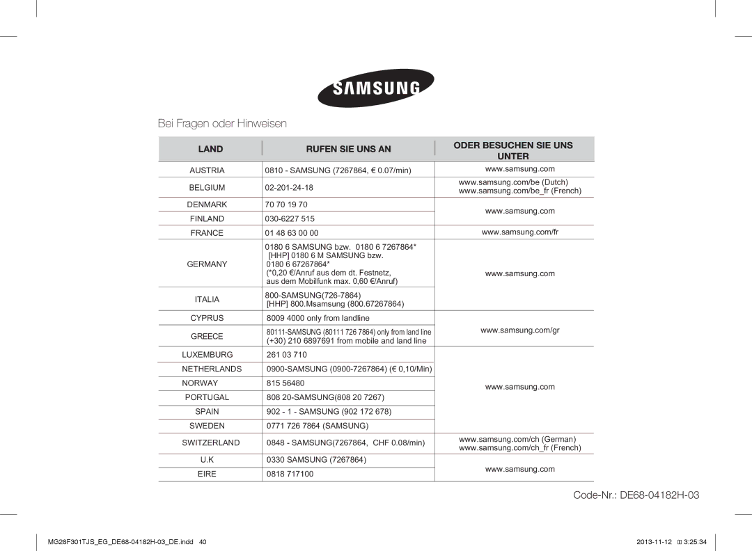 Samsung MG28F301TJS/EG manual Code-Nr. DE68-04182H-03 