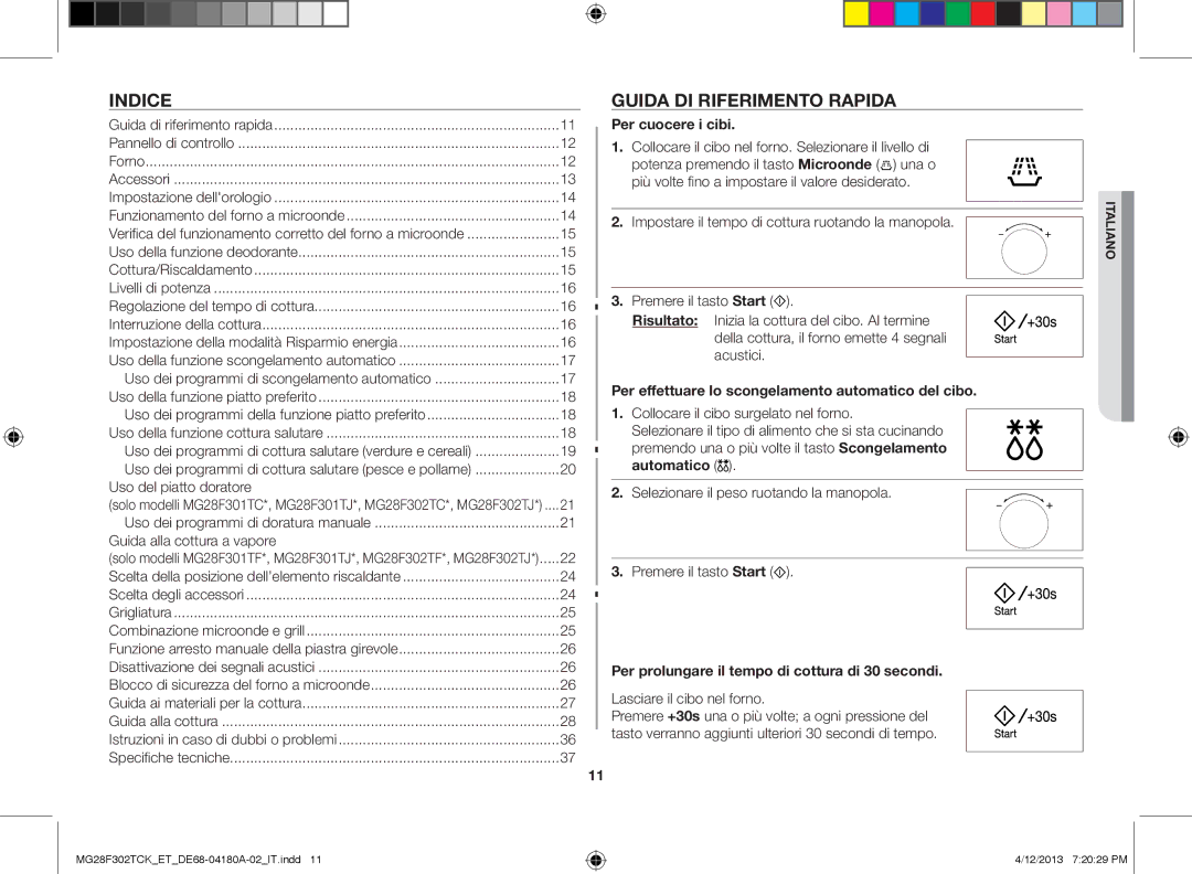 Samsung MG28F302TCK/ET, MG28F302TJS/ET manual Indice, Guida di riferimento rapida, Per cuocere i cibi 