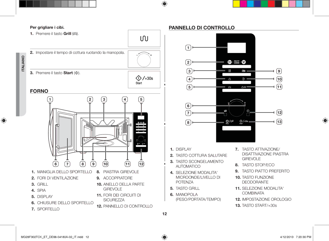 Samsung MG28F302TJS/ET manual Forno Pannello di controllo, Per grigliare i cibi Premere il tasto Grill, Tasto START/+30s 