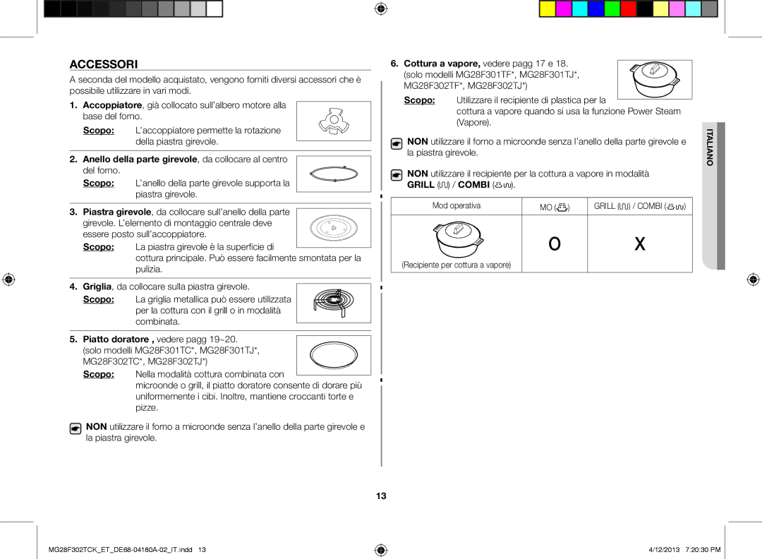 Samsung MG28F302TCK/ET, MG28F302TJS/ET manual Accessori, Scopo, Griglia, da collocare sulla piastra girevole, Mod operativa 