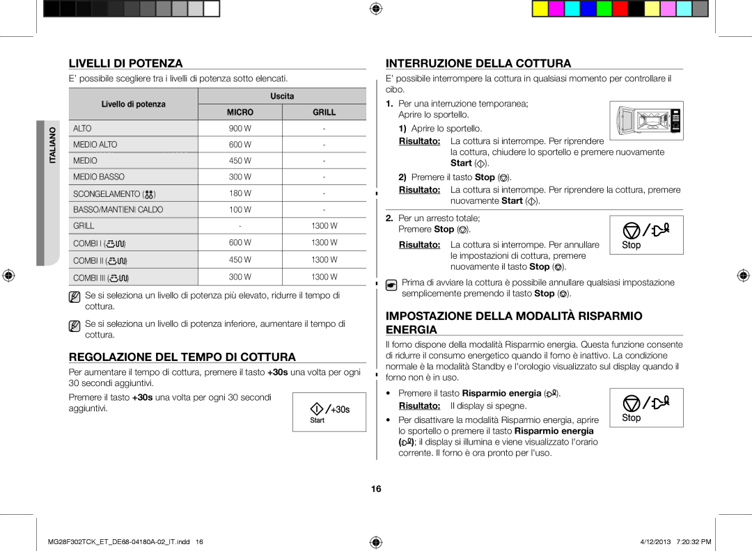 Samsung MG28F302TJS/ET, MG28F302TCK/ET Livelli di potenza, Regolazione del tempo di cottura, Interruzione della cottura 