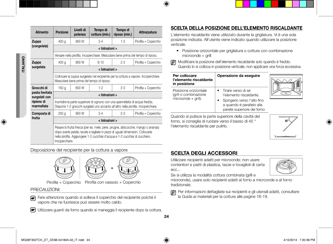 Samsung MG28F302TJS/ET manual Scelta della posizione dell’elemento riscaldante, Scelta degli accessori, Precauzioni 