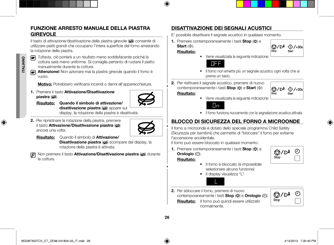 Samsung MG28F302TJS/ET Funzione arresto manuale della piastra girevole, Disattivazione dei segnali acustici 