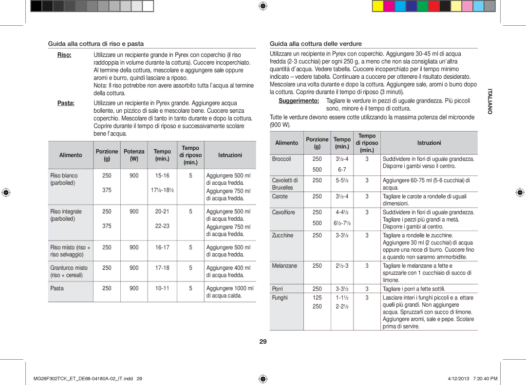Samsung MG28F302TCK/ET manual Guida alla cottura di riso e pasta, Guida alla cottura delle verdure, Potenza Tempo Alimento 