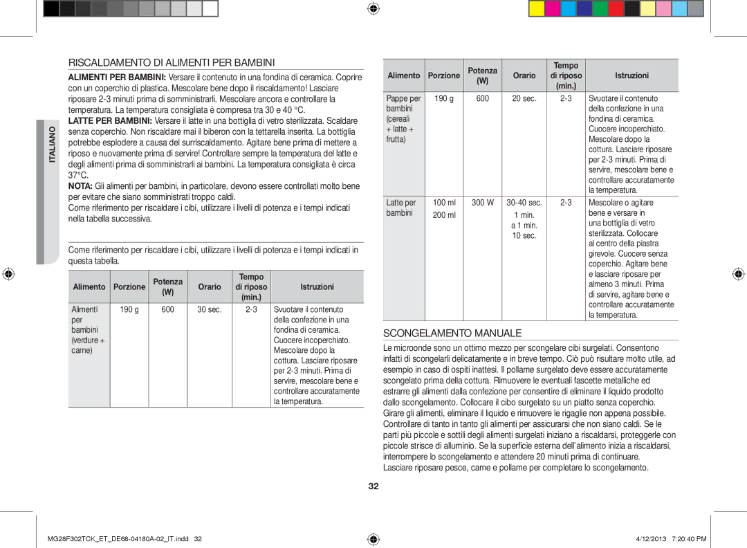 Samsung MG28F302TJS/ET, MG28F302TCK/ET manual Riscaldamento DI Alimenti PER Bambini, Scongelamento Manuale, Orario 