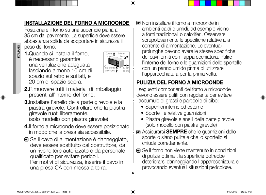 Samsung MG28F302TJS/ET, MG28F302TCK/ET manual Installazione del forno a microonde 