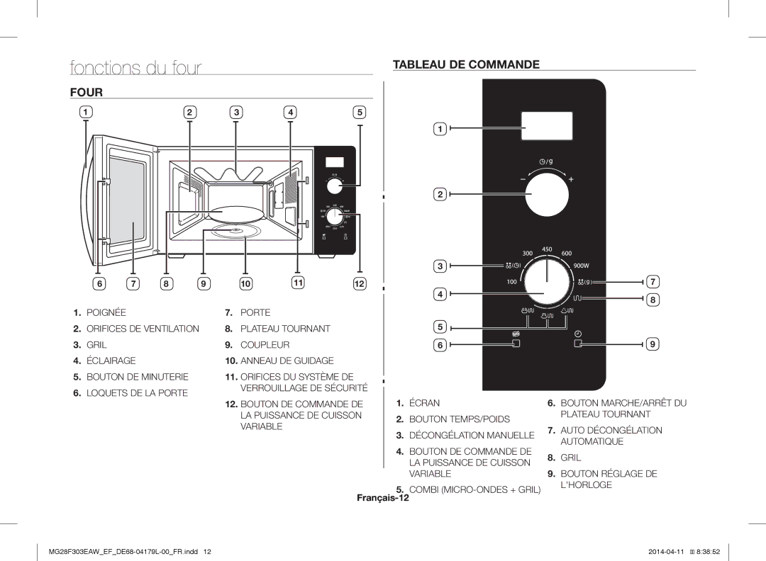 Samsung MG28F303EAW/EF, MG28F303ECW/EF manual Tableau DE Commande, Four, Français-12 