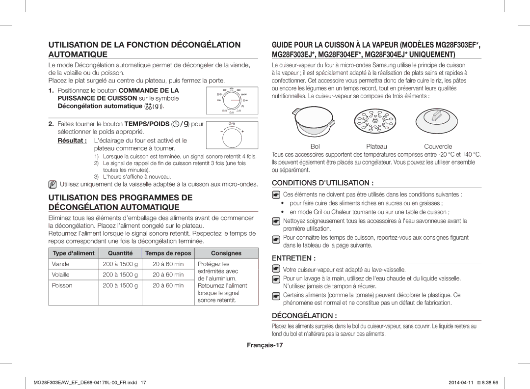 Samsung MG28F303ECW/EF manual Utilisation DE LA Fonction Décongélation Automatique, Conditions Dutilisation, Entretien 