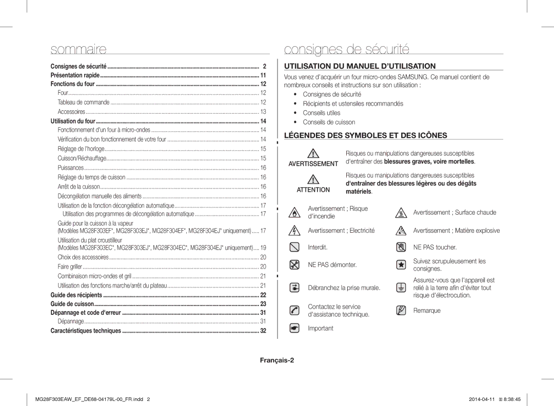 Samsung MG28F303EAW/EF, MG28F303ECW/EF Consignes de sécurité, Dentraîner des blessures graves, voire mortelles, Français-2 