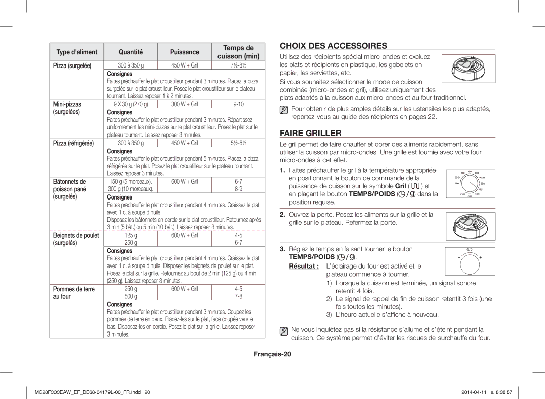 Samsung MG28F303EAW/EF, MG28F303ECW/EF manual Choix DES Accessoires, Faire Griller, Français-20 