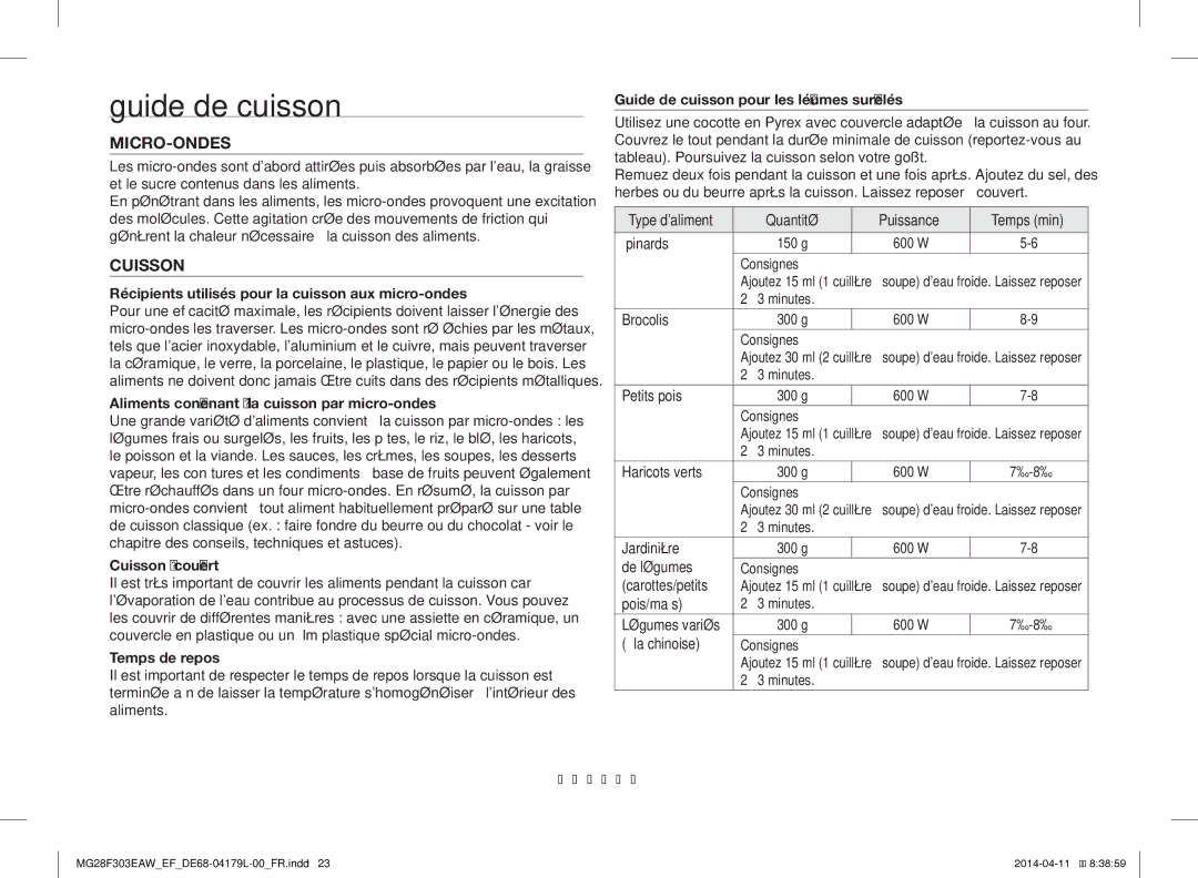 Samsung MG28F303ECW/EF, MG28F303EAW/EF manual Guide de cuisson, Micro-Ondes, Quantité Puissance Temps min, Français-23 