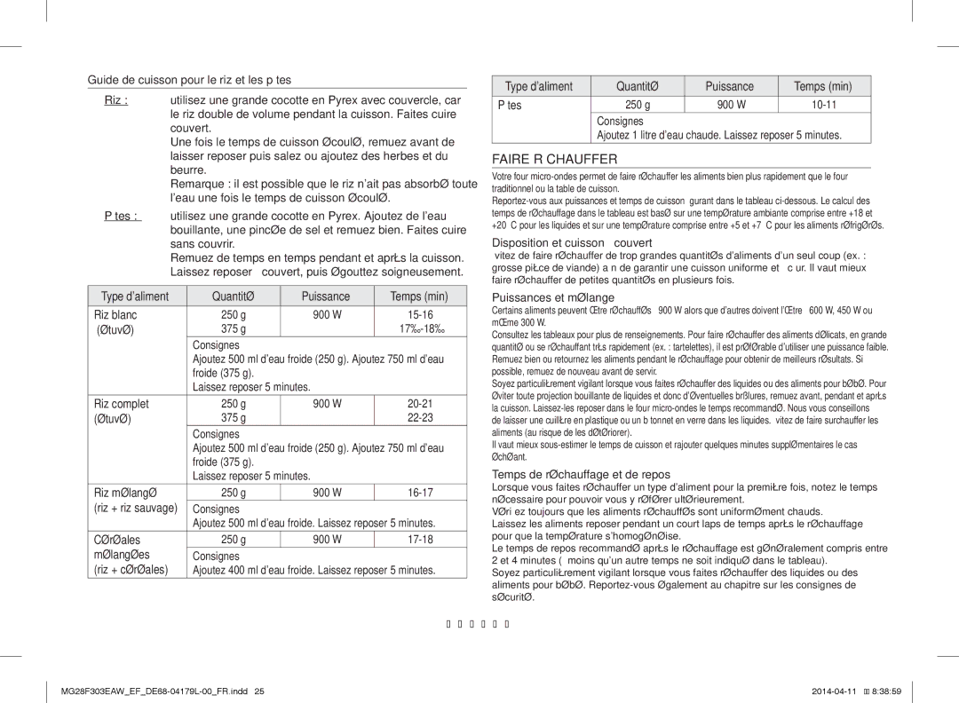 Samsung MG28F303ECW/EF, MG28F303EAW/EF manual Faire Réchauffer, Quantité Puissance Temps min Pâtes, 10-11, Français-25 