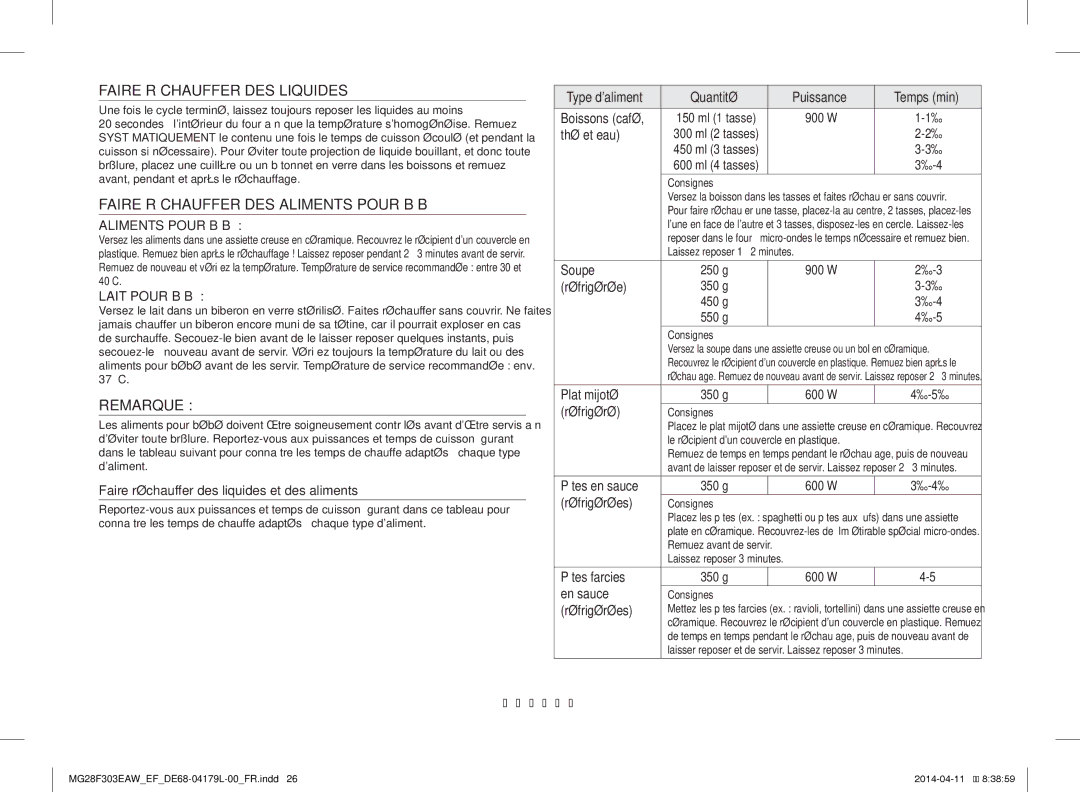 Samsung MG28F303EAW/EF manual Faire Réchauffer DES Liquides, Faire Réchauffer DES Aliments Pour Bébé, Remarque, Français-26 